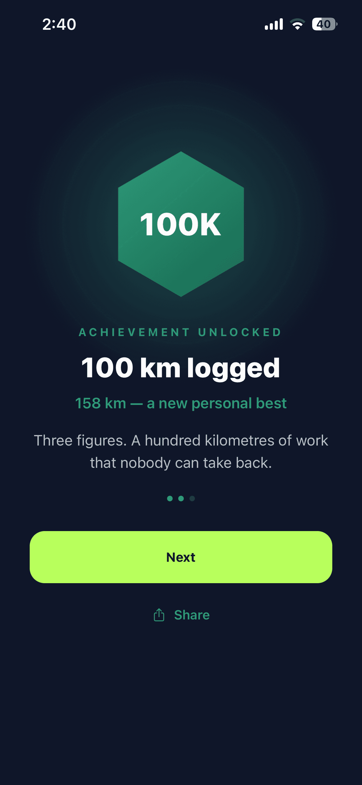 Achievement unlocked: 100 km logged