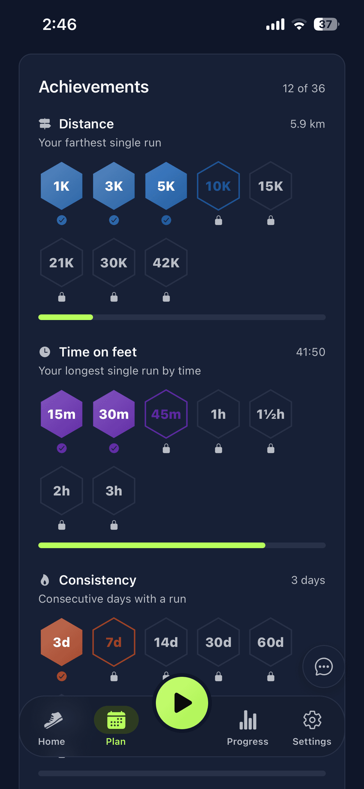 The Yalla Go achievements screen: badge tiers for distance, time on feet, and consistency