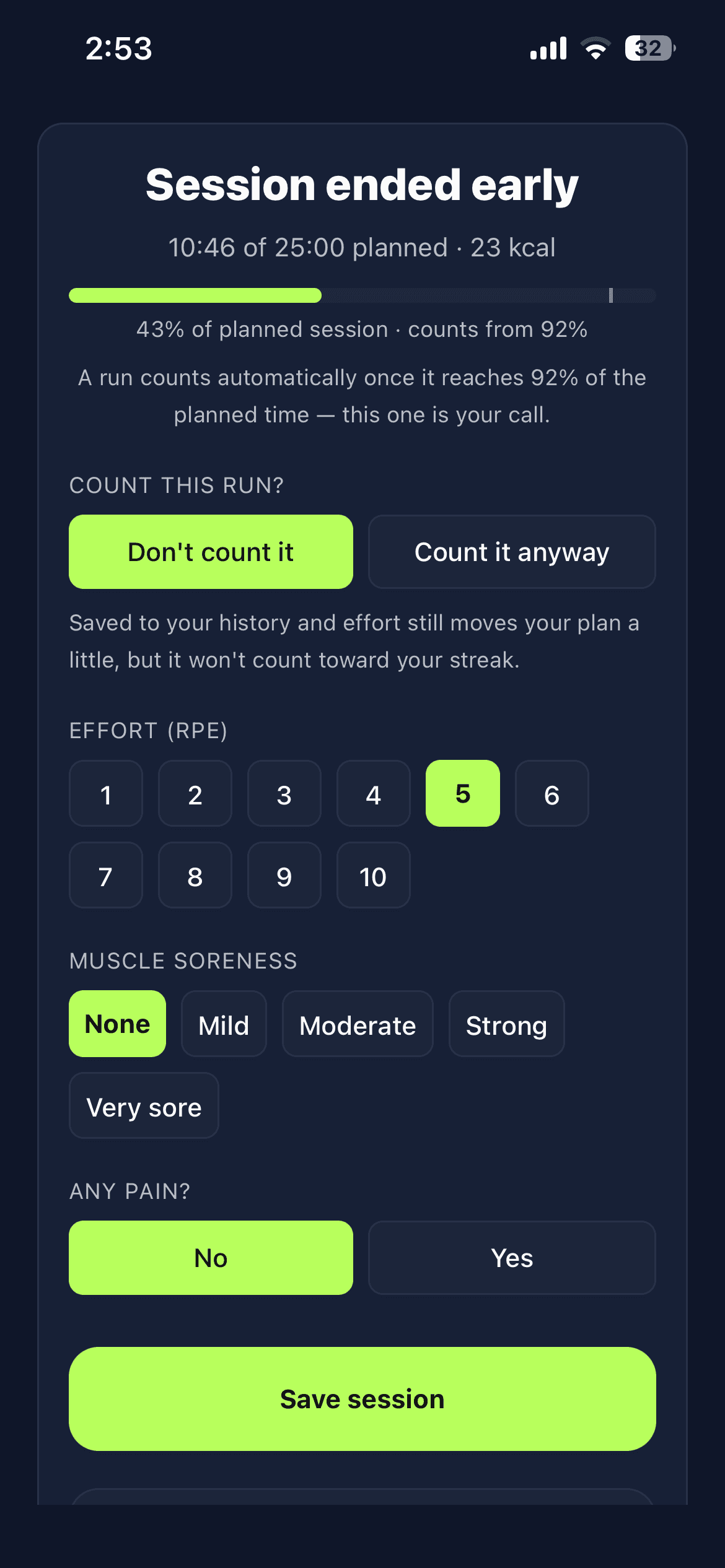 The Yalla Go post-run check-in: effort rating out of ten, muscle soreness, pain, and whether to count the run