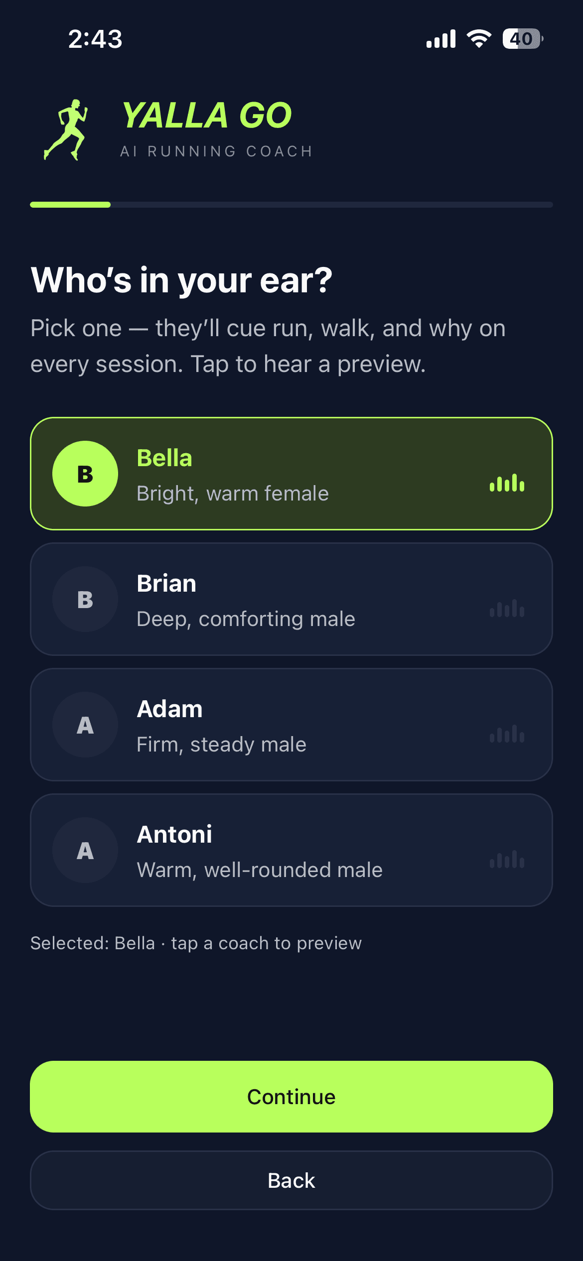 The Yalla Go coach picker asking who's in your ear, with four voices to preview