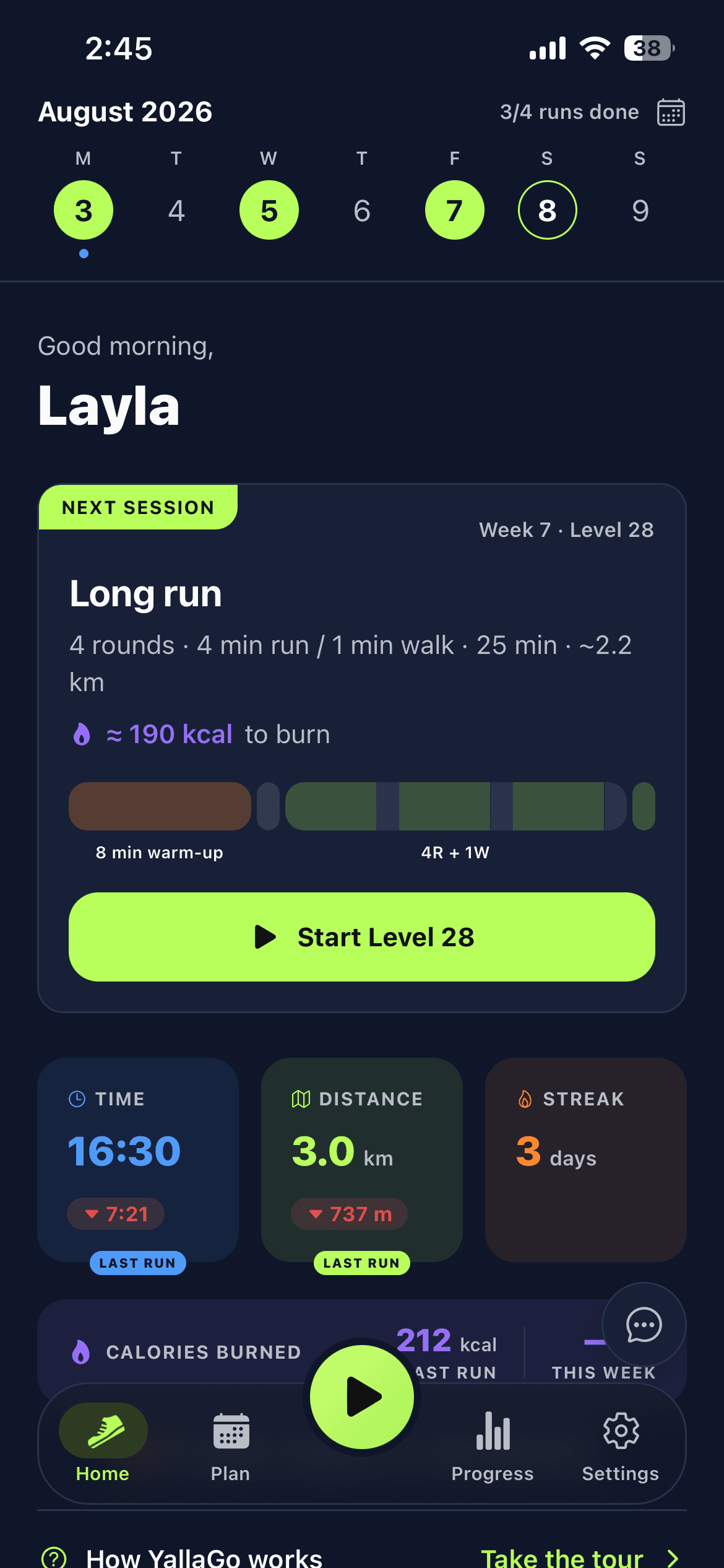 The Yalla Go home screen showing the runner's current week, next level, and a start button