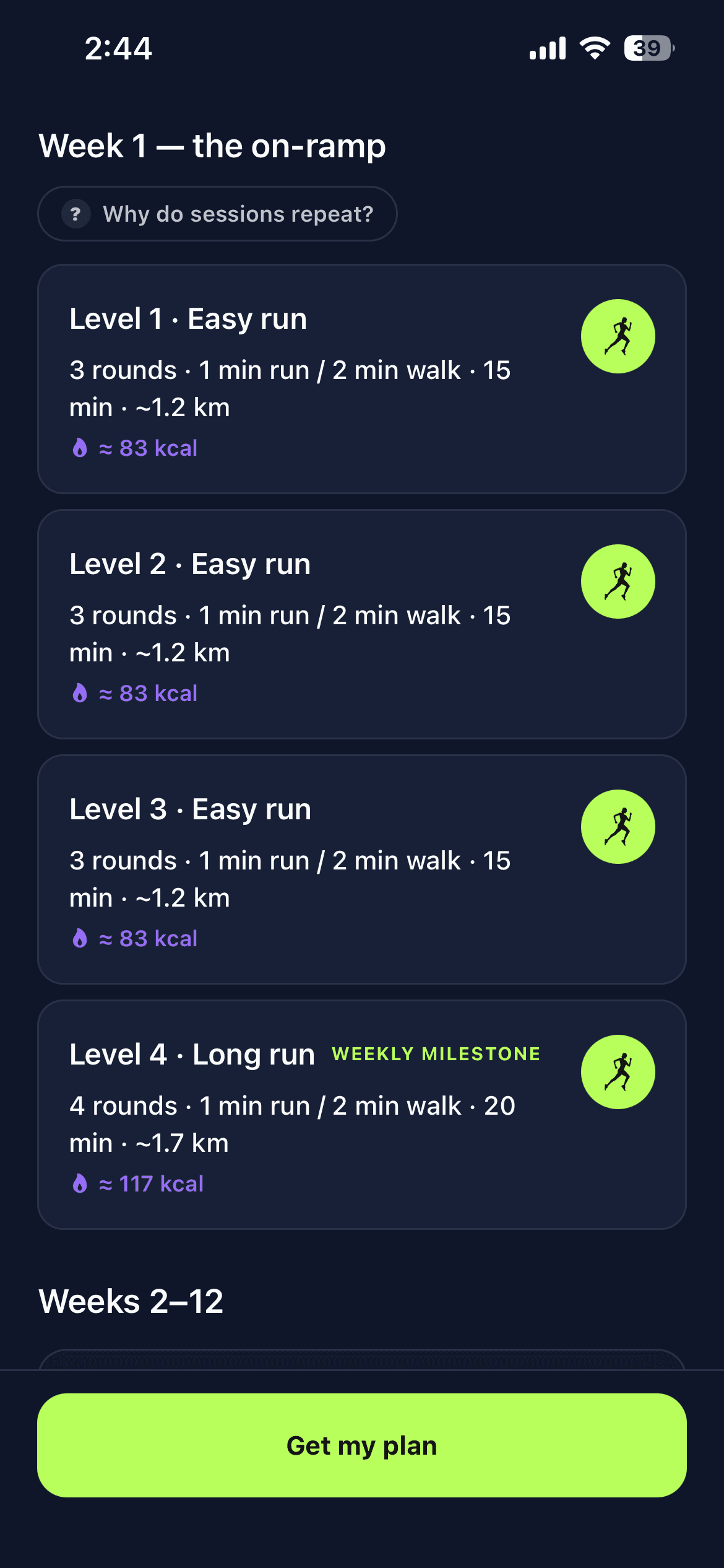 The Yalla Go plan screen: the level-by-level programme it built, starting with an on-ramp week
