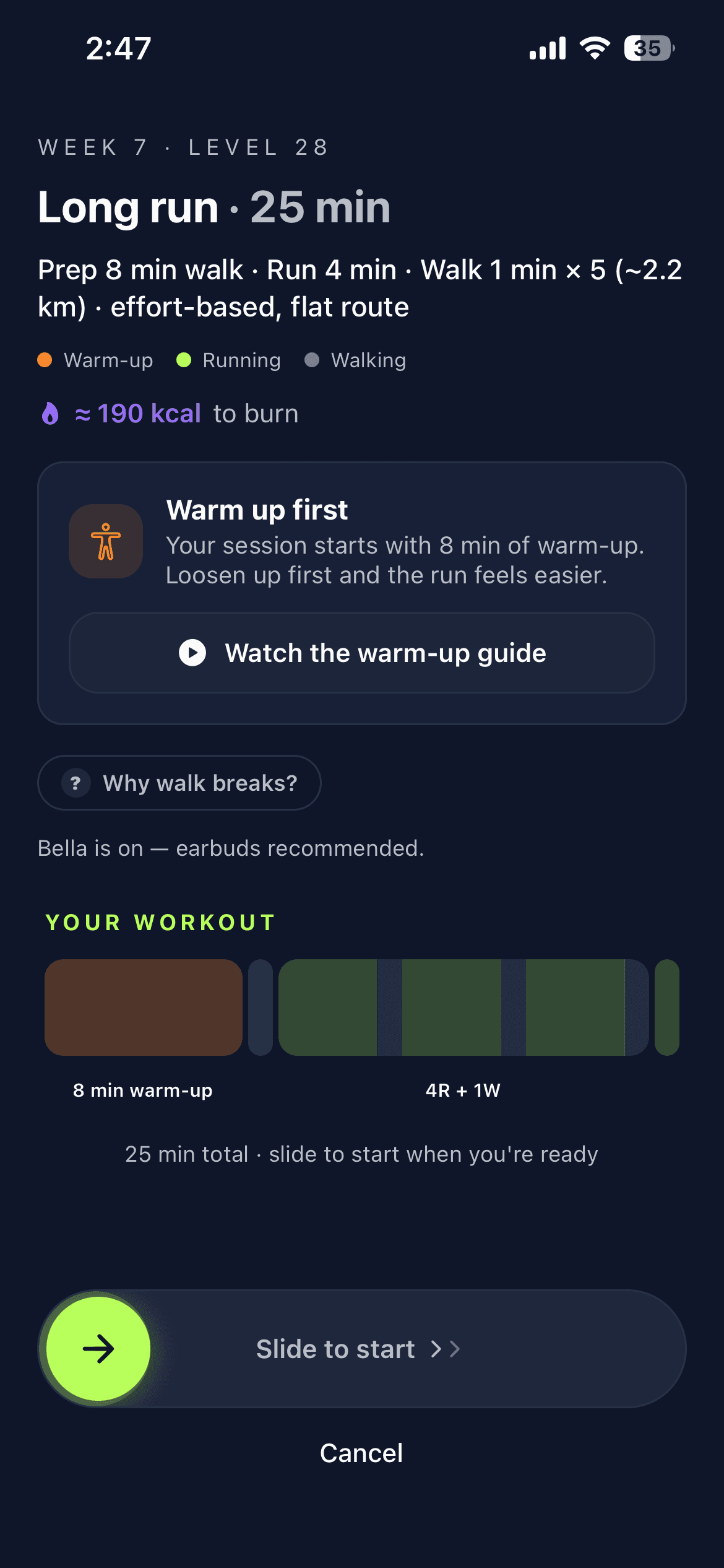 The Yalla Go pre-run screen: warm-up guide, the workout laid out as intervals, and a slide-to-start control