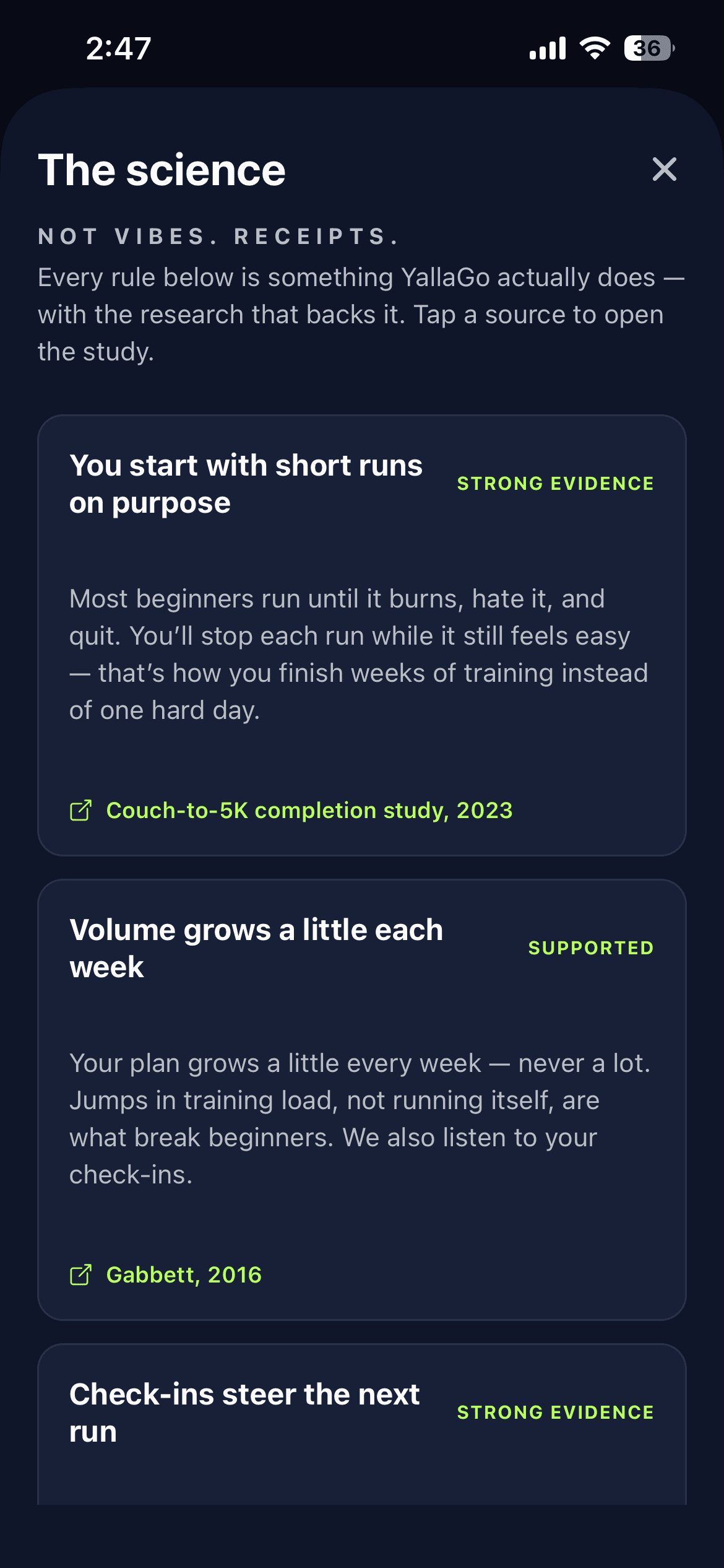 The Yalla Go science screen, listing each training rule with the research that backs it